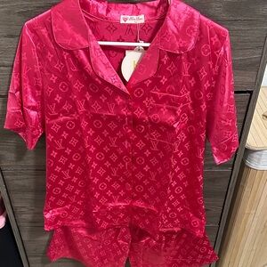 Red Satin Short Sleeve Pajama Top - Luxury Monogram size S